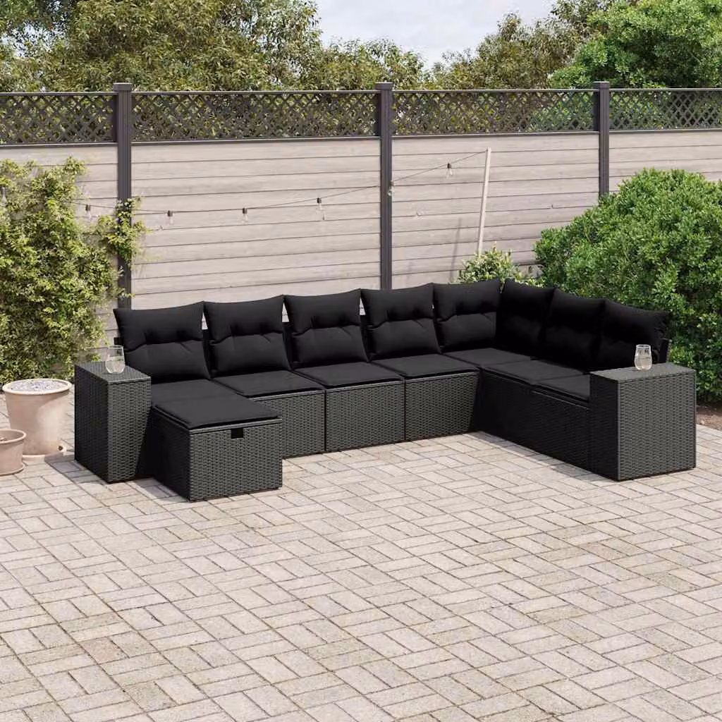 vidaXL Set Divani da Giardino a L con Cuscini 8 pz Nero in Polyrattan e Acciaio – 1