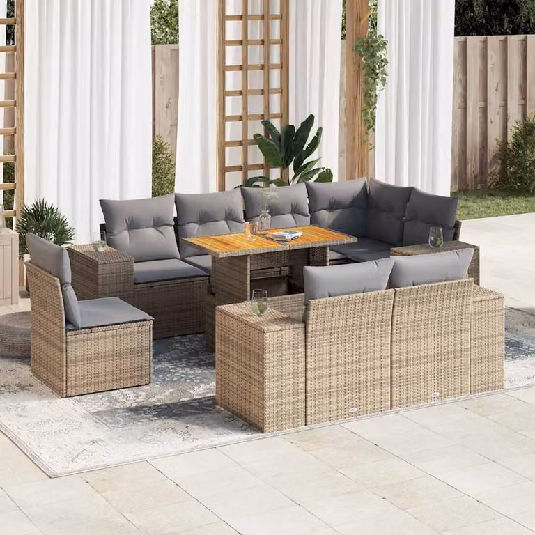 Set Divano da Giardino vidaXL 9 pz a Forma a L con Tavolino e Pouf, Colore Beige e Grigio, in Polyrattan e Legno di Acacia