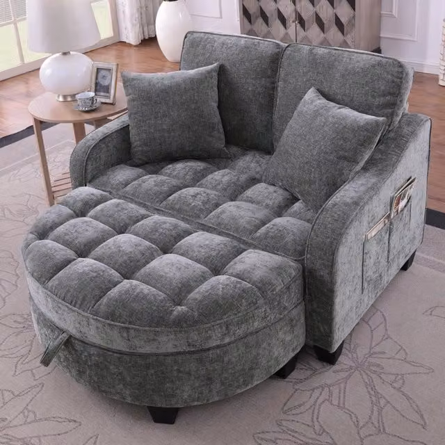 Divano letto 2 in 1 con pouf contenitore ¨C Minimal ¨C Grigio scuro tessuto legno eucalipto