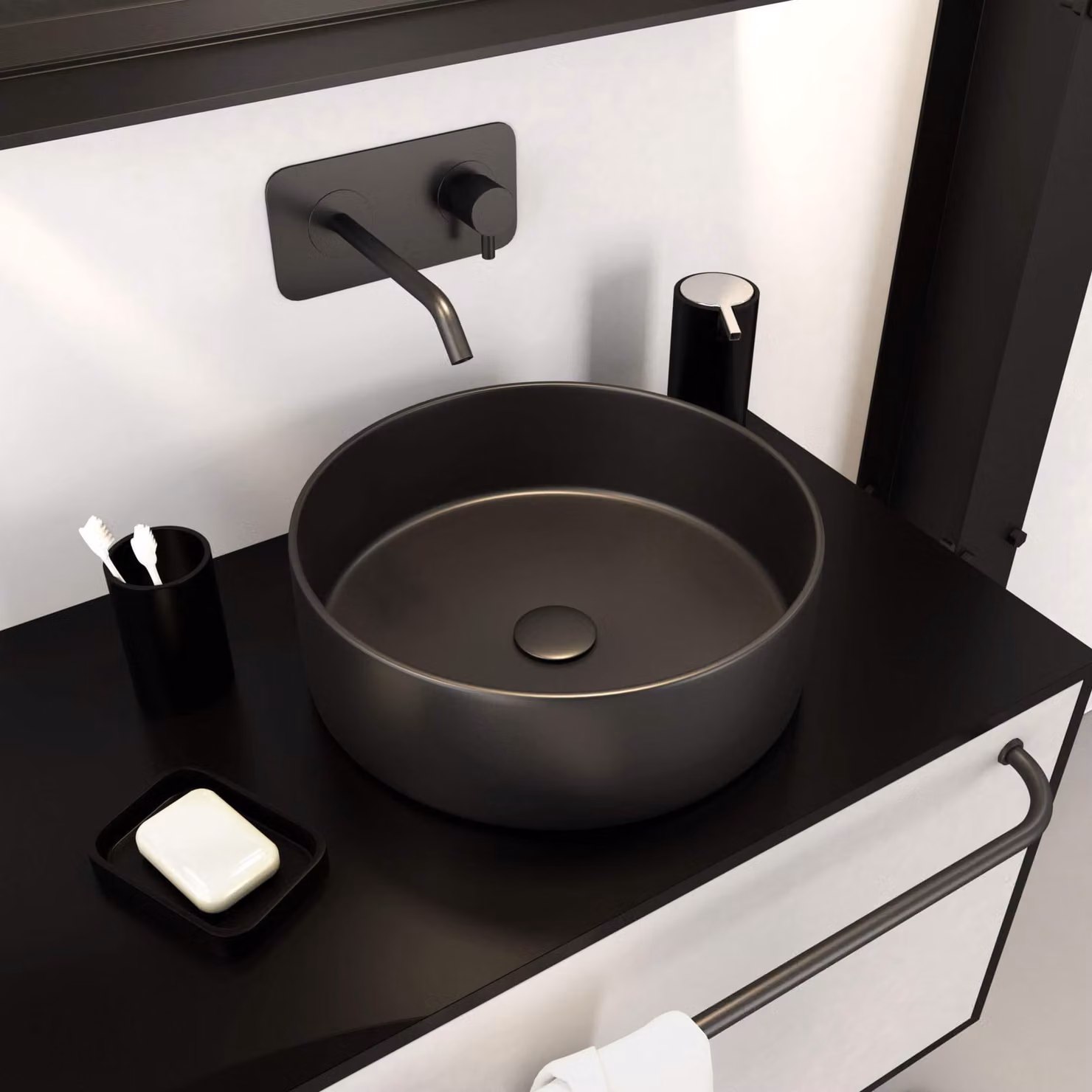 Lavabo in Vetroceramica rotondo, diametro 36 cm, colore nero