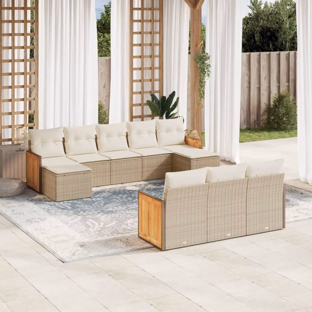 vidaXL Set Divano da Giardino 10 pz a forma di U in Polyrattan con Cuscini Beige e Struttura in Acciaio e Legno di Acacia – 1
