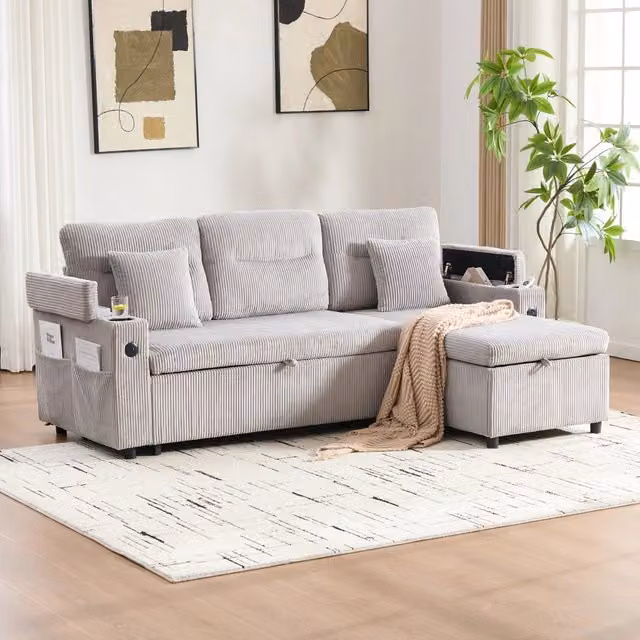 Divano letto a 3 posti con chaise longue idraulica, letto estraibile, USB-C e tessuto a coste grigio chiaro