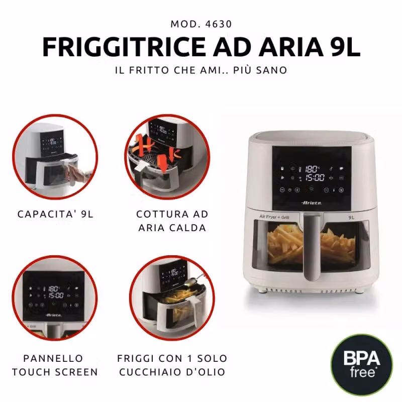 Friggitrice ad aria Ariete da 9L con display digitale, 1500W e cestello in vetro, colore bianco – 2