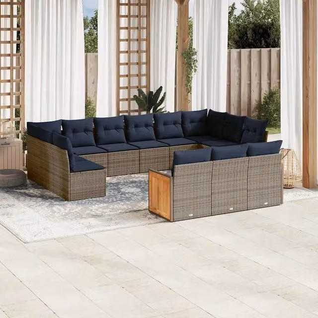 Set di Divani da Giardino vidaXL in Polyrattan Grigio e Blu con Cuscini e Struttura in Legno di Acacia a Forma di U