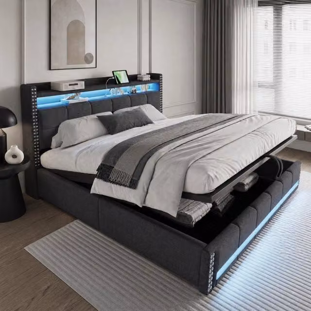 Letto matrimoniale imbottito ULEVR 180x200 cm con contenitore idraulico, LED e presa USB, lino grigio