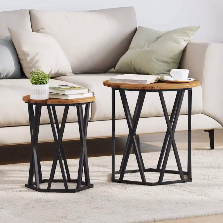 Set di 2 tavolini da salotto rotondi vidaXL in legno e metallo, colore marrone e nero, stile moderno