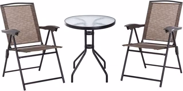 Set Tavolino Rotondo in Vetro e 2 Sedie Pieghevoli da Giardino GIORDANOSHOP Marrone