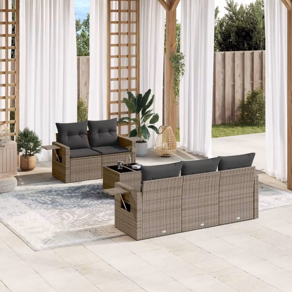 vidaXL Set Divano da Giardino 6 pz in Polyrattan Grigio con Cuscini e Tavolino – 1