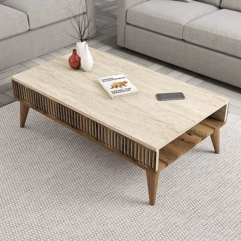 Skye Decor, tavolino da caffè di alta qualità, in noce e travertino, dimensioni 105 x 35 x 60 cm. Realizzato con pannello di particelle di legno rivestito in melamina al 100%, spessore 18 mm. Stile moderno ed elegante per la vostra casa.