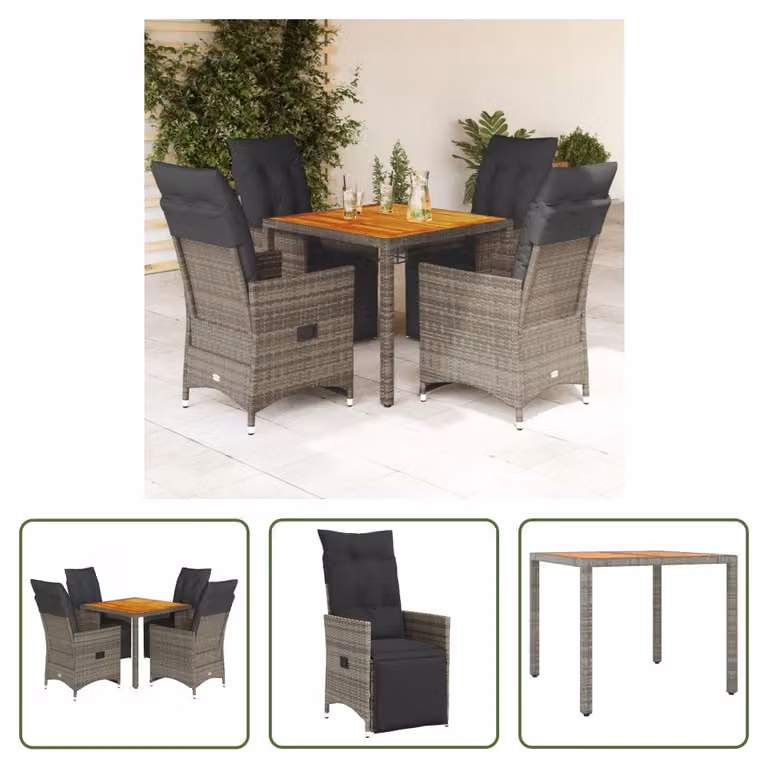 The Living Store Set da giardino bistrot 5 pezzi con cuscini in poly rattan grigio