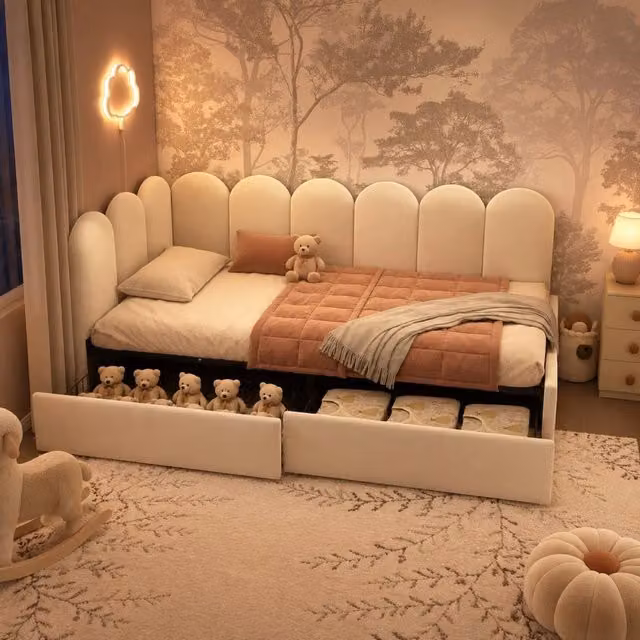 Letto da giorno ULEVR 90x200 cm con 2 cassetti, struttura reversibile a L e rivestimento in velluto beige