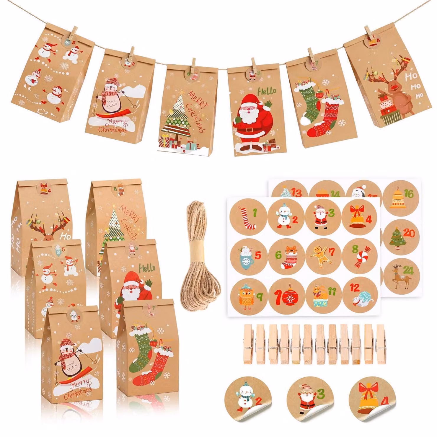 Set di 24 sacchetti per l'avvento, ideali per essere riempiti, con 6 motivi natalizi, mollette di legno, corda di juta e adesivi con i numeri