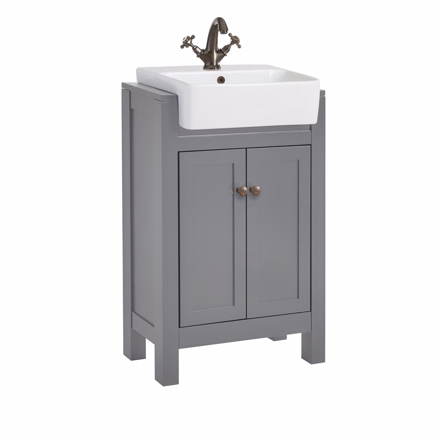 Mobile Bagno Grigio Chiaro da 550mm con Lavabo e  Maniglia Classica Rotonda in Bronzo Spazzolato - Warwick