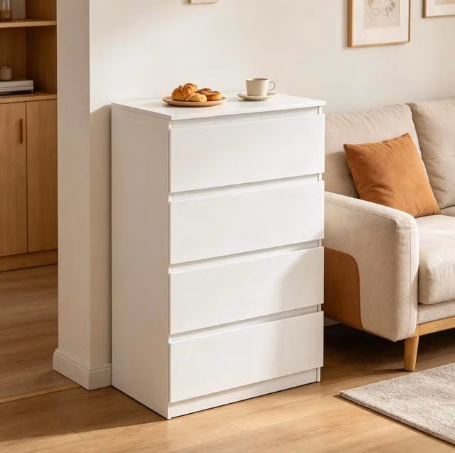 Cassettiera Bianca Minimalista con 4 Cassetti in Legno Classe E1 60x90x40 cm per Camera e Soggiorno