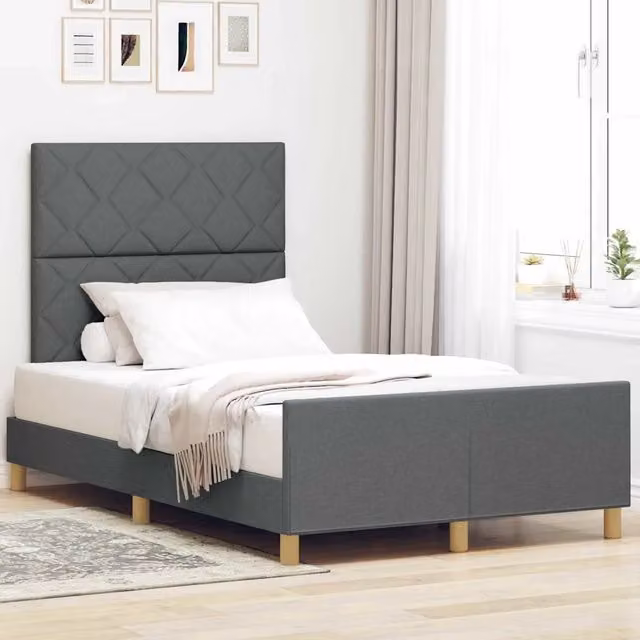 Struttura del letto imbottita vidaXL in tessuto grigio con dettagli in legno, L 120 x P 200 cm
