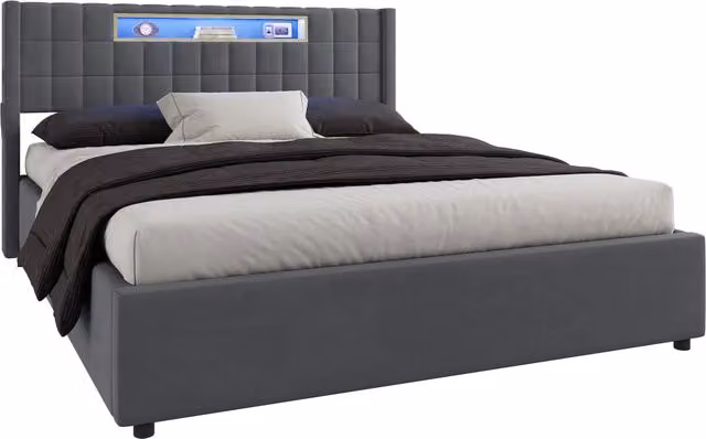 Letto matrimoniale 160x200 cm a contenitore; testiera capitonnata con nicchia LED; USB e Type-C in velluto grigio