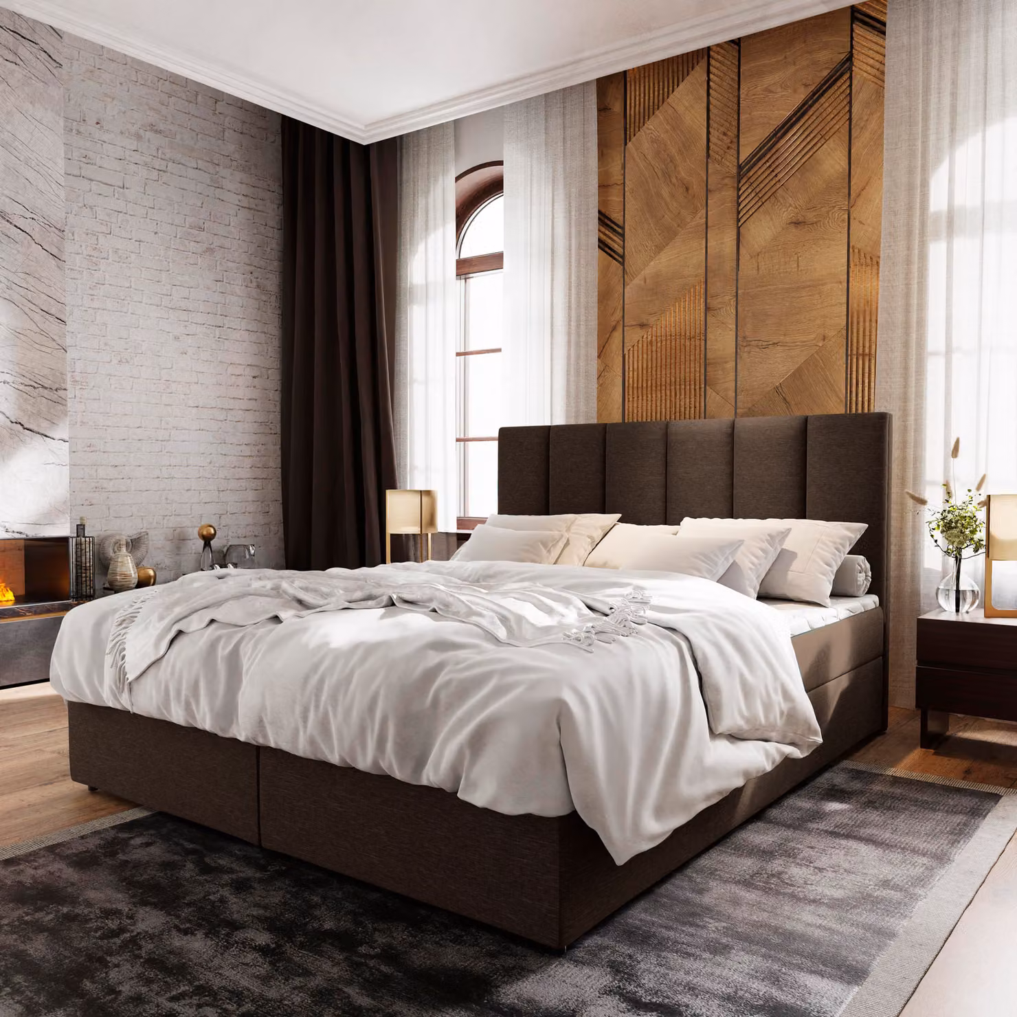 Letto a molle Masseno MERIL 180x200 cm completo di materasso e topper Bonell, letto imbottito con cassettiera - marrone, SAWANA 16