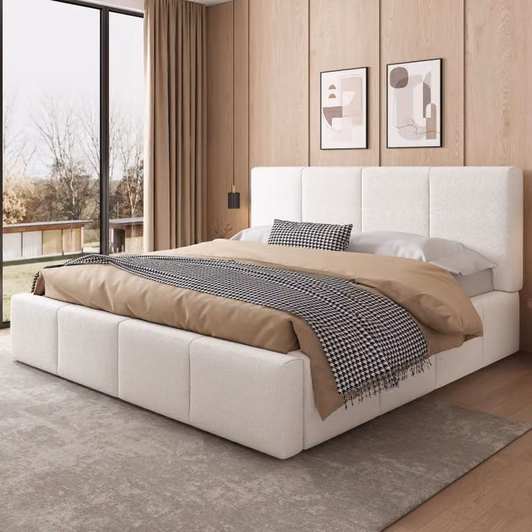 okwish Letto imbottito 180x200 cm Letto matrimoniale Youth con griglia, struttura letto con testata imbottita, letto bouclé, beige (senza materasso)