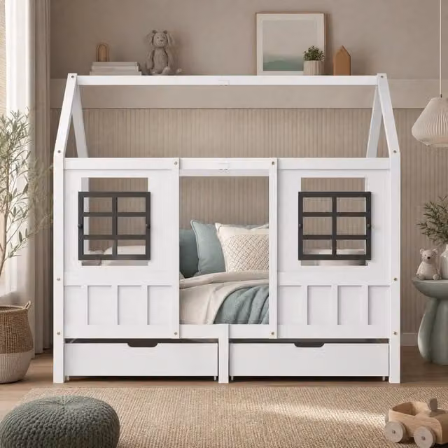 Letto a casetta Mivray per bambini in legno e MDF bianco con 2 cassetti L/P/H: 207 x 90 x 174 cm – 1