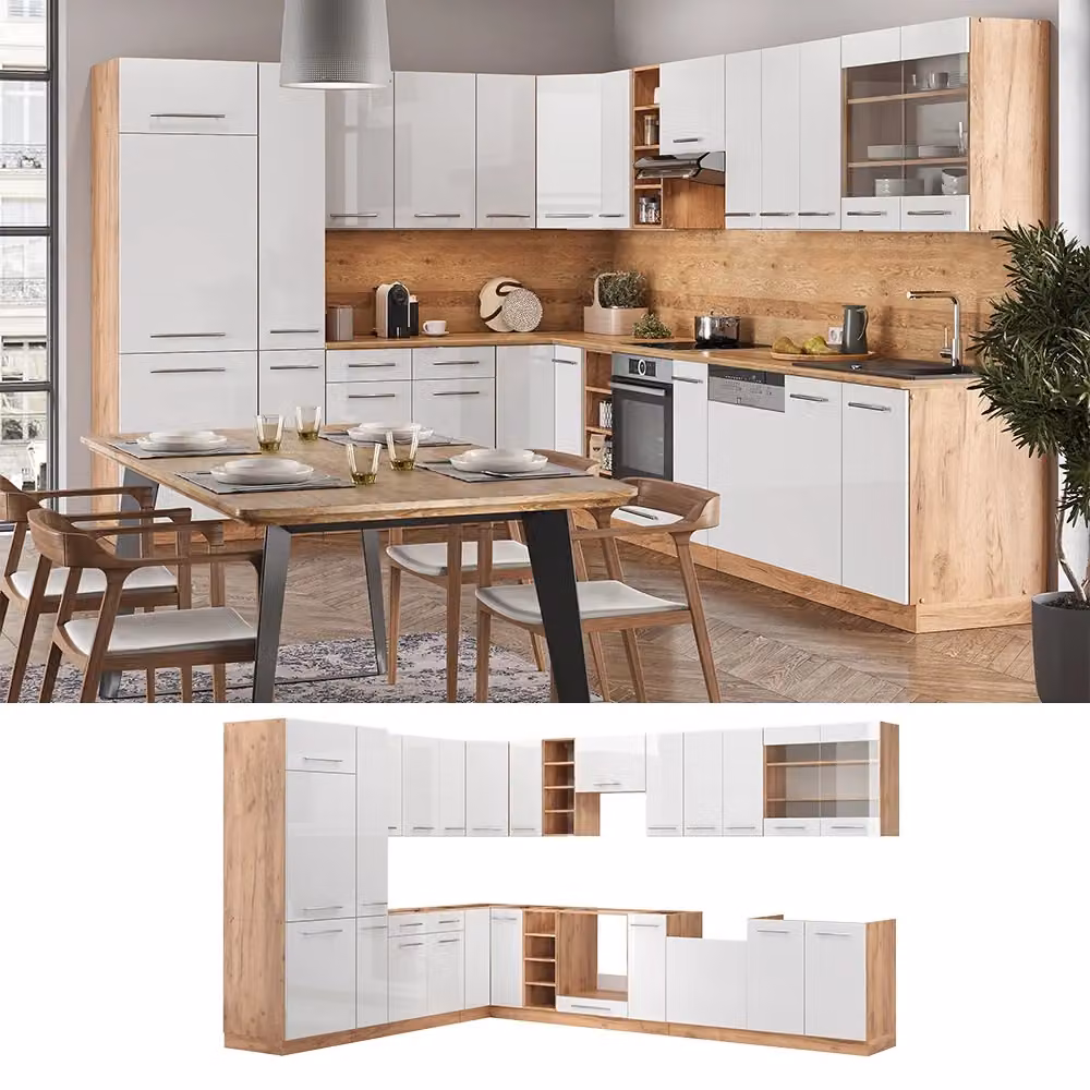 Cucina angolare completa Fame-Line Vicco in bianco lucido e rovere dorato con piano antracite, dimensioni 347 x 257 cm – 2