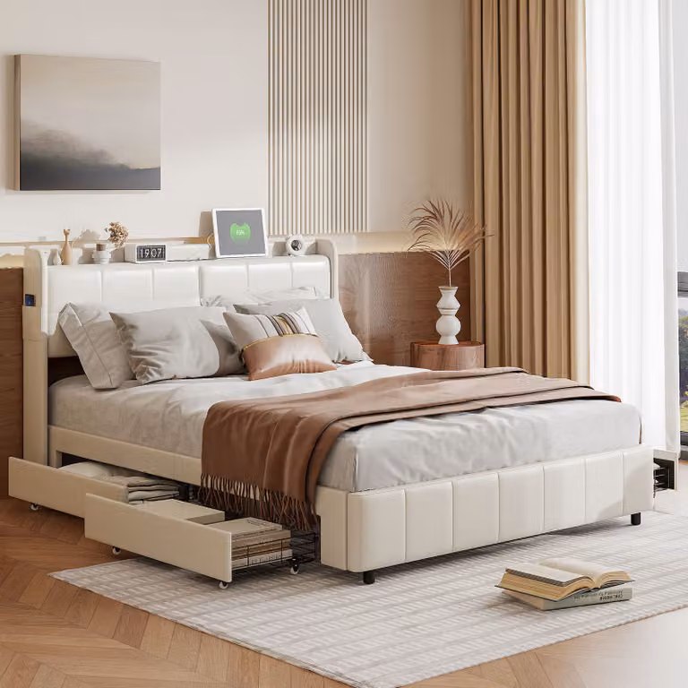 Letto contenitore 160x200cm con 4 cassetti e USB e Type-C, letto matrimoniale con rete a doghe, Pu