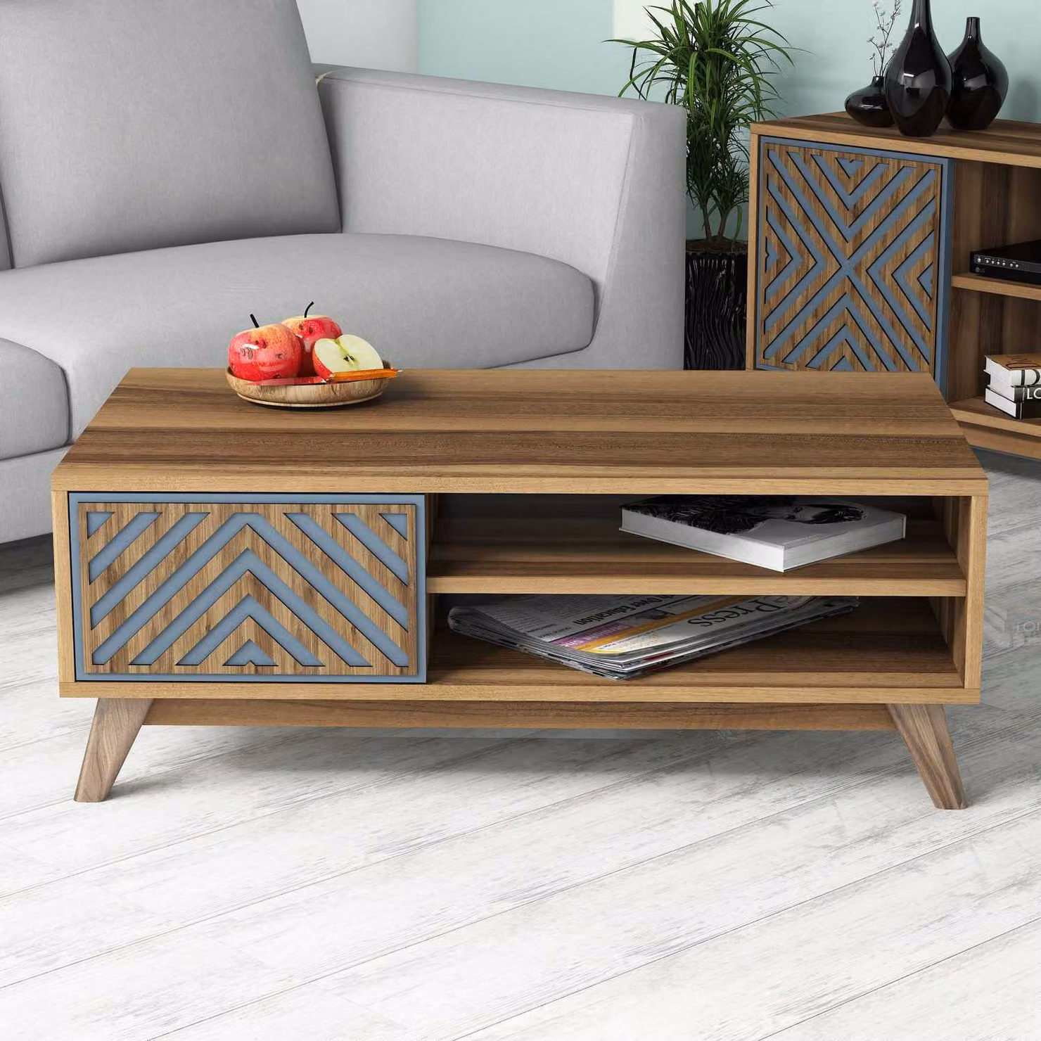 Skye Decor, Inci - Noce, Blu, Tavolino, Noce, 100% PANNELLI DI PARTICELLE RIVESTITI IN MELAMMINA, 105 x 60 x 38,2 cm