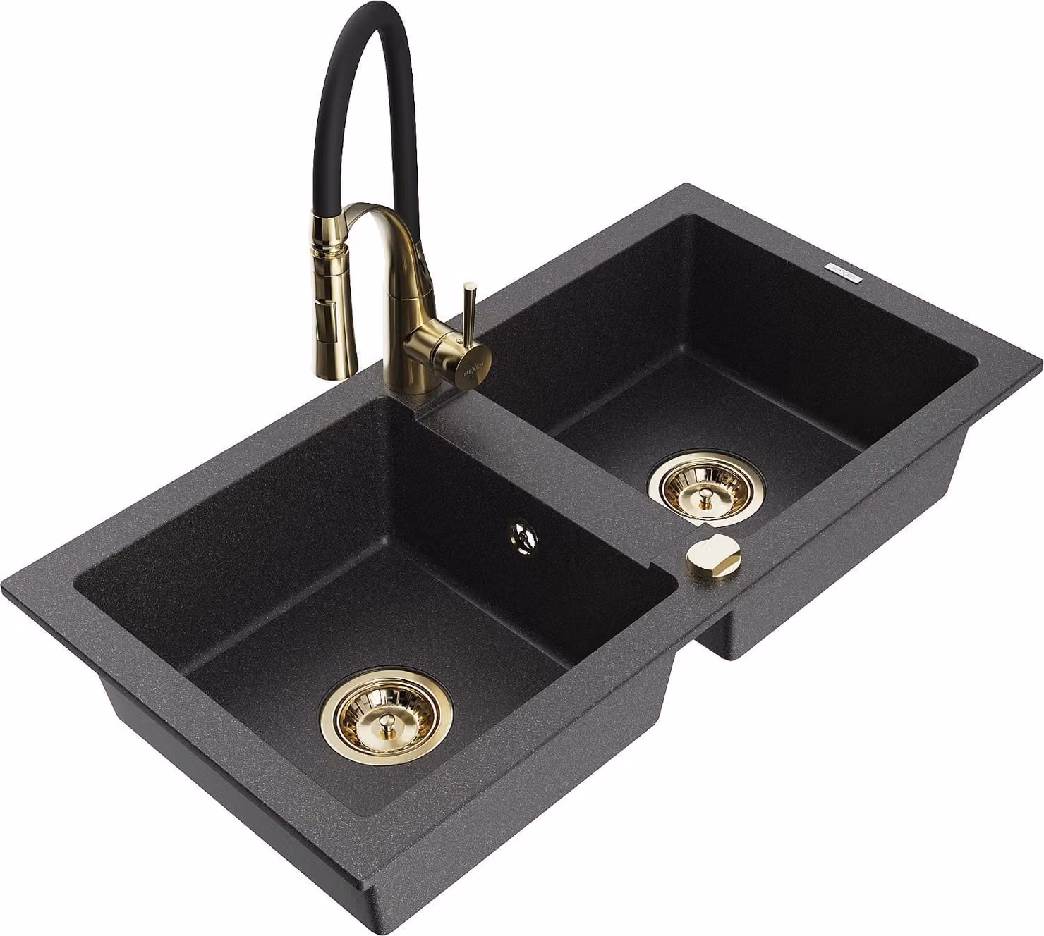 Mexen Mario lavello in granito a 2 vasche con rubinetto da cucina Aster, nero maculato - 6504-76-73450-57-G