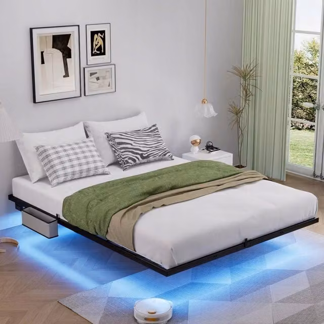 Letto a piattaforma in metallo - Xylo - 140x200 - Nero - Illuminazione LED