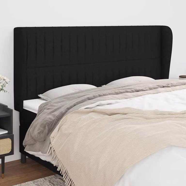 Testiera ad orecchio vidaXL in tessuto nero con struttura in legno, L: 203 cm, P: 23 cm, H: 118/128 cm