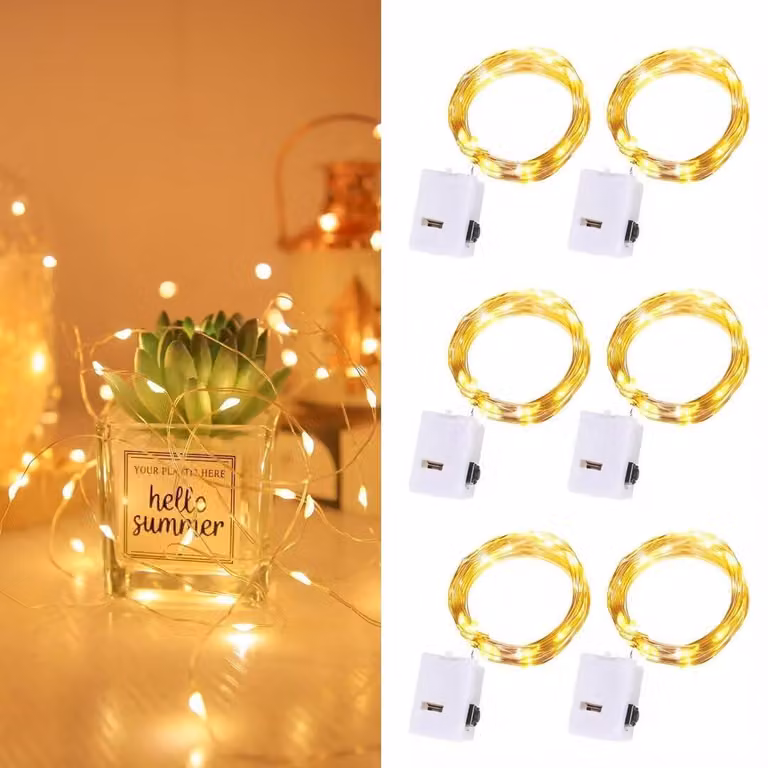 Catena luminosa a LED, set da 6, lunghezza 3 metri, 30 mini-LED a luce calda, 3 modalità
