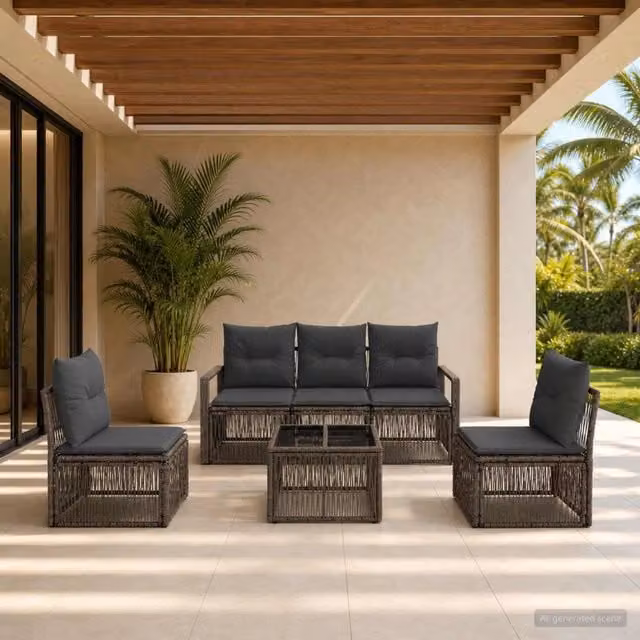 Set da giardino vidaXL composto da 6 pezzi in rattan e metallo con divano a 3 posti, tavolino da caffè e cuscini imbottiti, colore grigio – 1