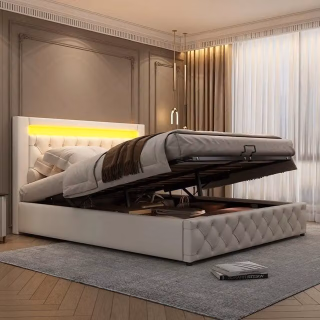 Letto Contenitore Imbottito con LED ¨C MINIMAL ¨C 140x200 cm, Bianco, PU, Rete a Doghe