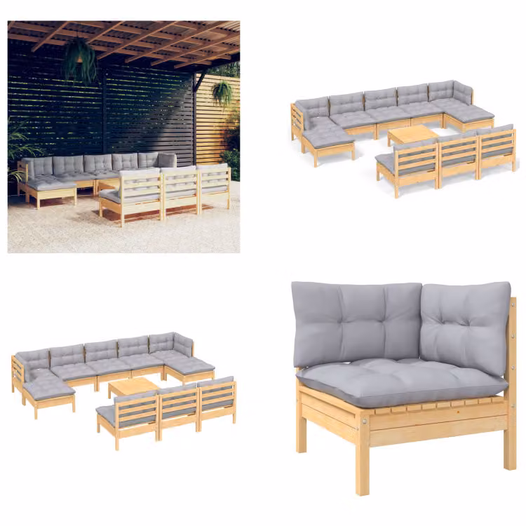 vidaXL set salotto da giardino 11 pezzi con cuscini grigi in legno di pino - Set salotto da giardino - Set salotto da giardino - Set mobili da giardino - Set mobili da giardino