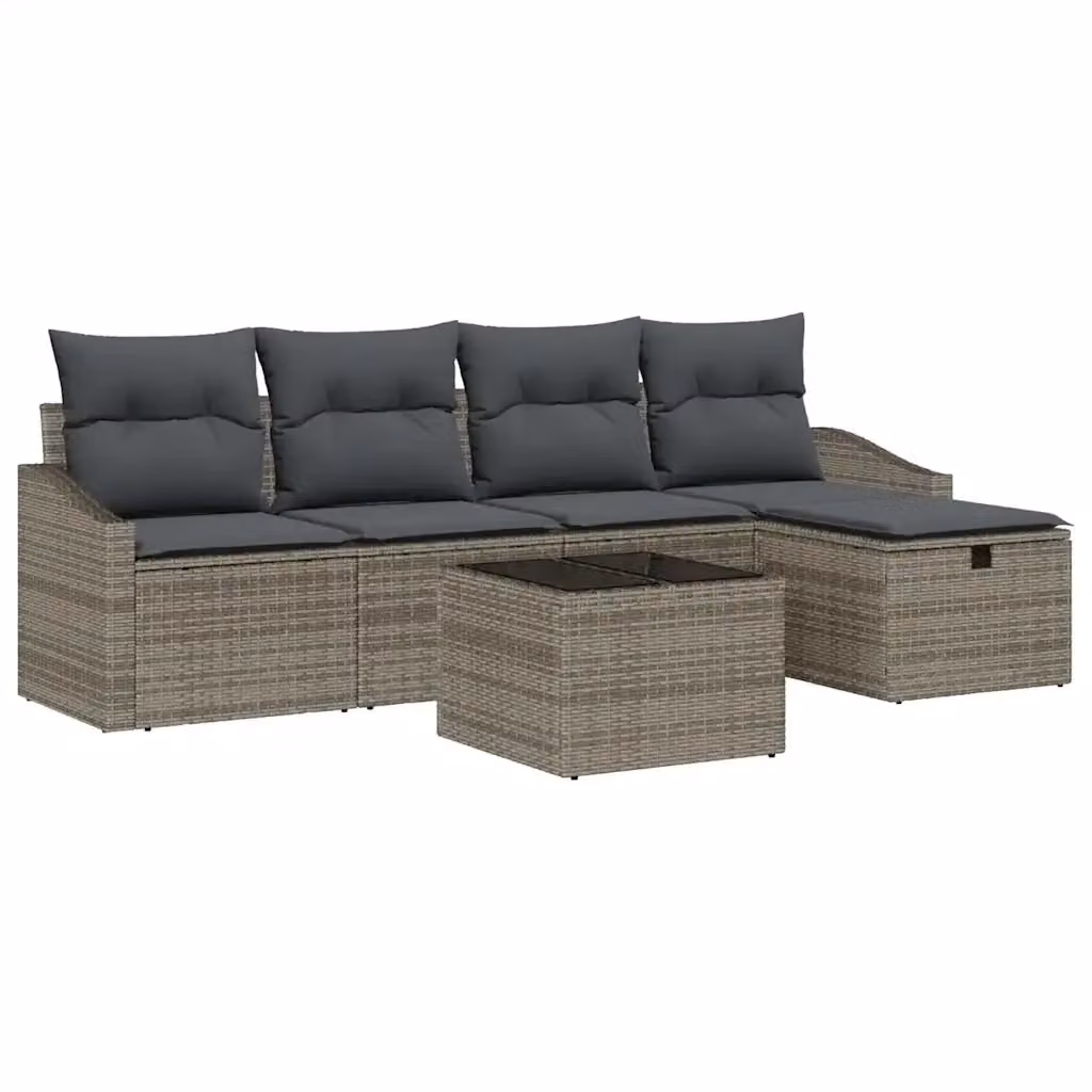 Set di divani da giardino vidaXL in polyrattan grigio con tavolo e pouf, composto da 5 pezzi con struttura in acciaio e cuscini inclusi – 2
