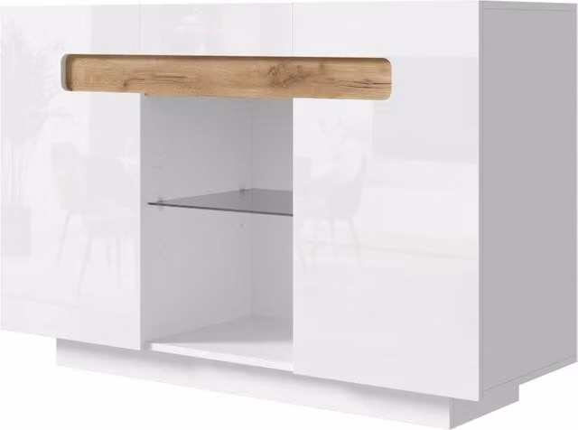 Mobile da soggiorno LED bianco e effetto legno naturale 120x40x80 cm con 4 ripiani e 2 scomparti aperti