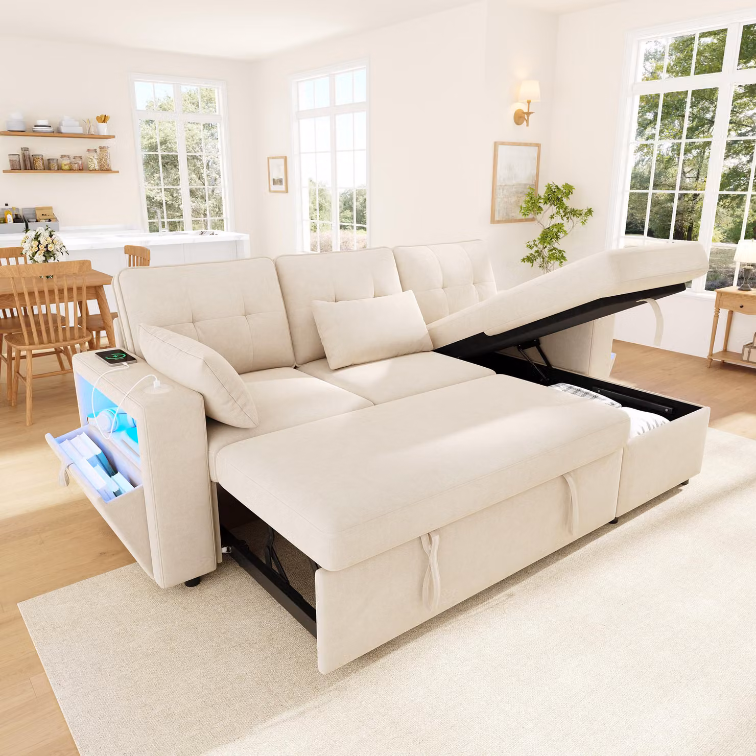 Divano angolare Stilvora con funzione letto e chaise longue reversibile, divano letto con spazio contenitivo nascosto e illuminazione LED, divano da soggiorno con porte USB e Type-C e vano contenitivo integrato nelle braccioli