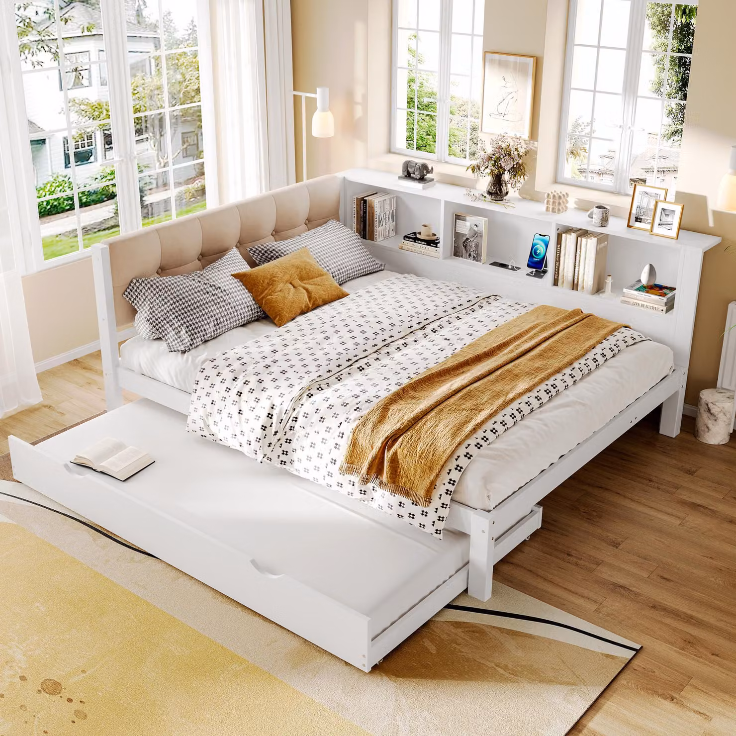 MODFU divano letto 140x200 con letto estraibile, struttura letto in legno con striscia LED oscurabile e connessione USB, senza materasso, letto per ragazzi con pratico ripiano, Bianco