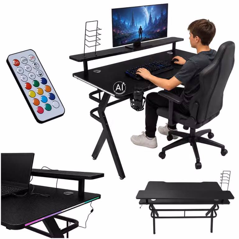 Scrivania da gaming con estensione LED RGB e supporti per computer, ideale per giocatori, dimensioni 120x60 cm