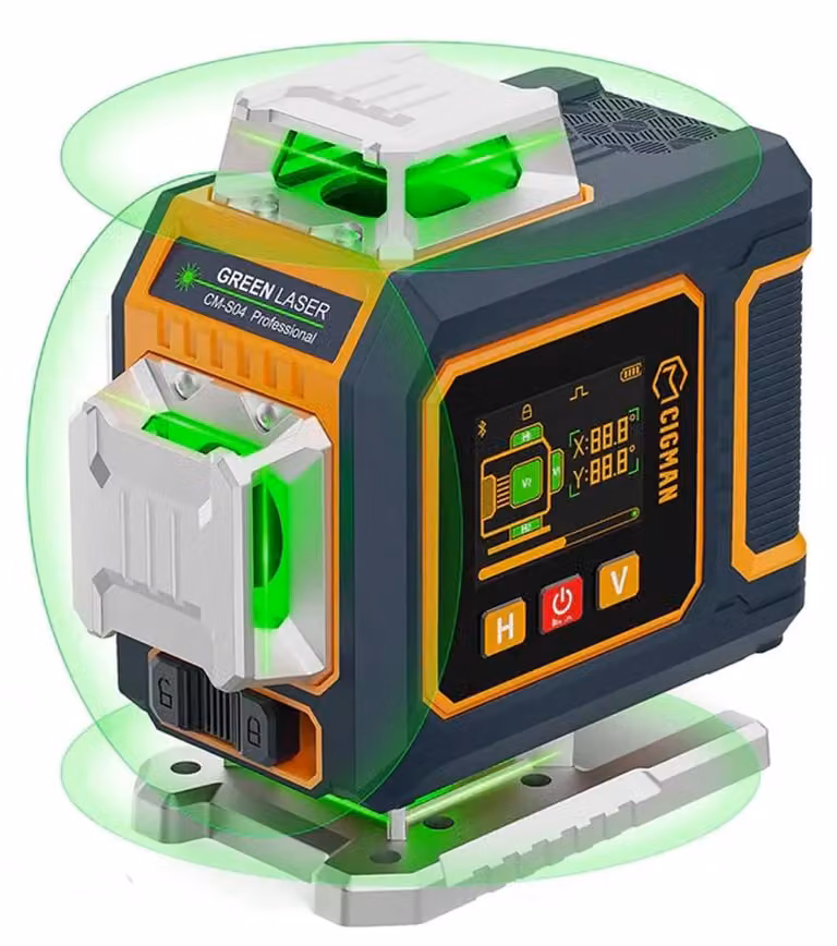 Livella laser a raggio laser - Livella laser a 12 linee, con croci laser a 360° (3x360°) - Laser verde - Autolivellante ±3° - Controllo tramite gesti - Display LCD laterale - Grado di protezione IP54 - Spina di tipo europeo