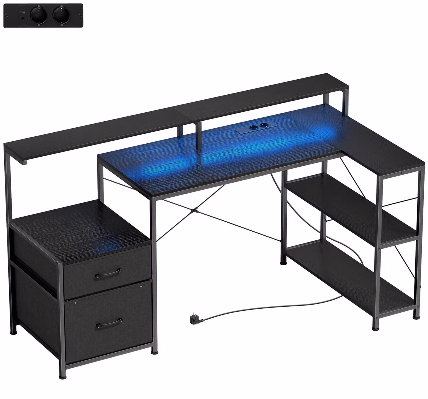 Scrivania da gaming a forma di L con illuminazione LED e prese di corrente | Colore: Nero | Dimensioni: 165x80x91,5 cm