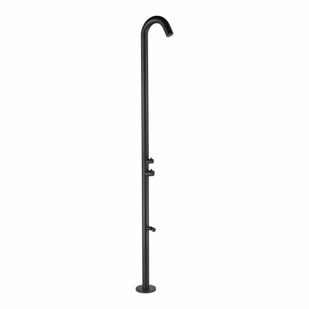 Doccia per esterni Sined Quartu in acciaio inox 316l con lavapiedi, soffione e deviatore, colore nero satinato, Altezza: 228,9 cm – 2