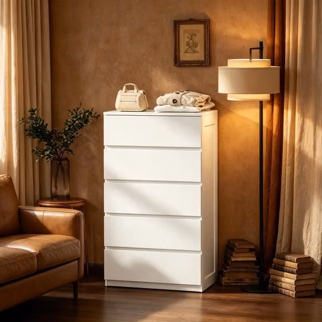 Cassettiera compatta con 5 cassetti 60x39x100 cm in pannello truciolare bianco