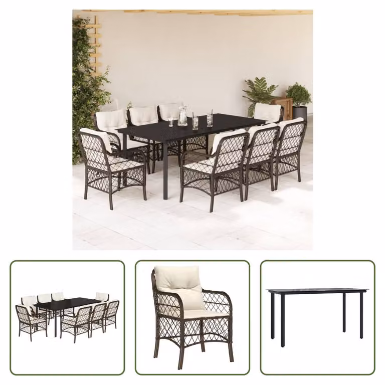 The Living Store Set da pranzo da giardino 9 pezzi con cuscini in polirattan marrone