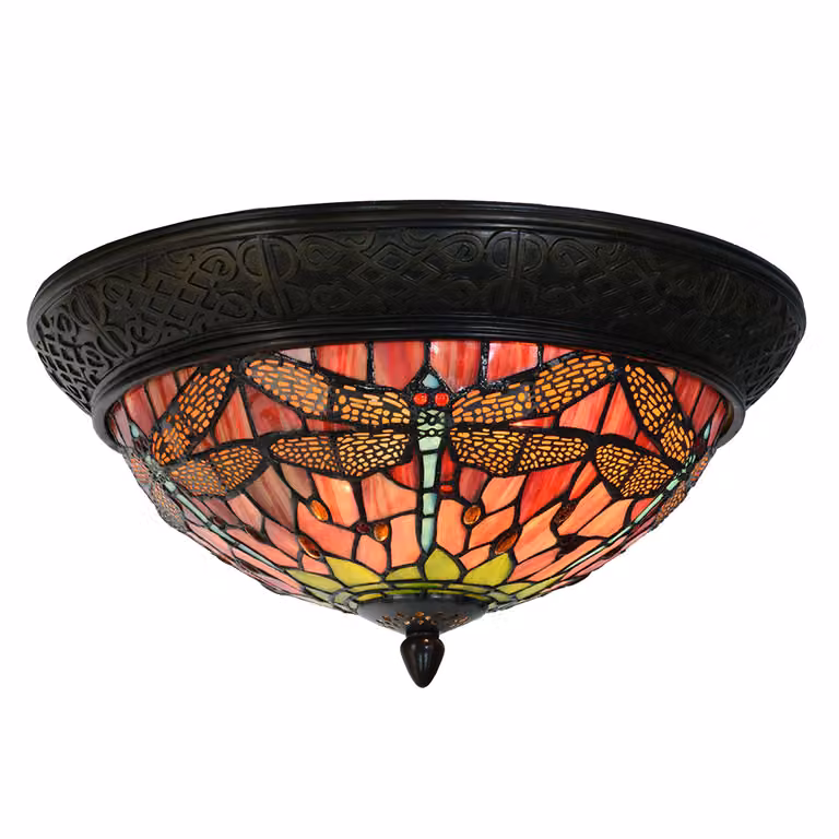 Clayre & Eef Lampada da soffitto Tiffany Ø 38x19 cm Rosso Verde Vetro Libellula