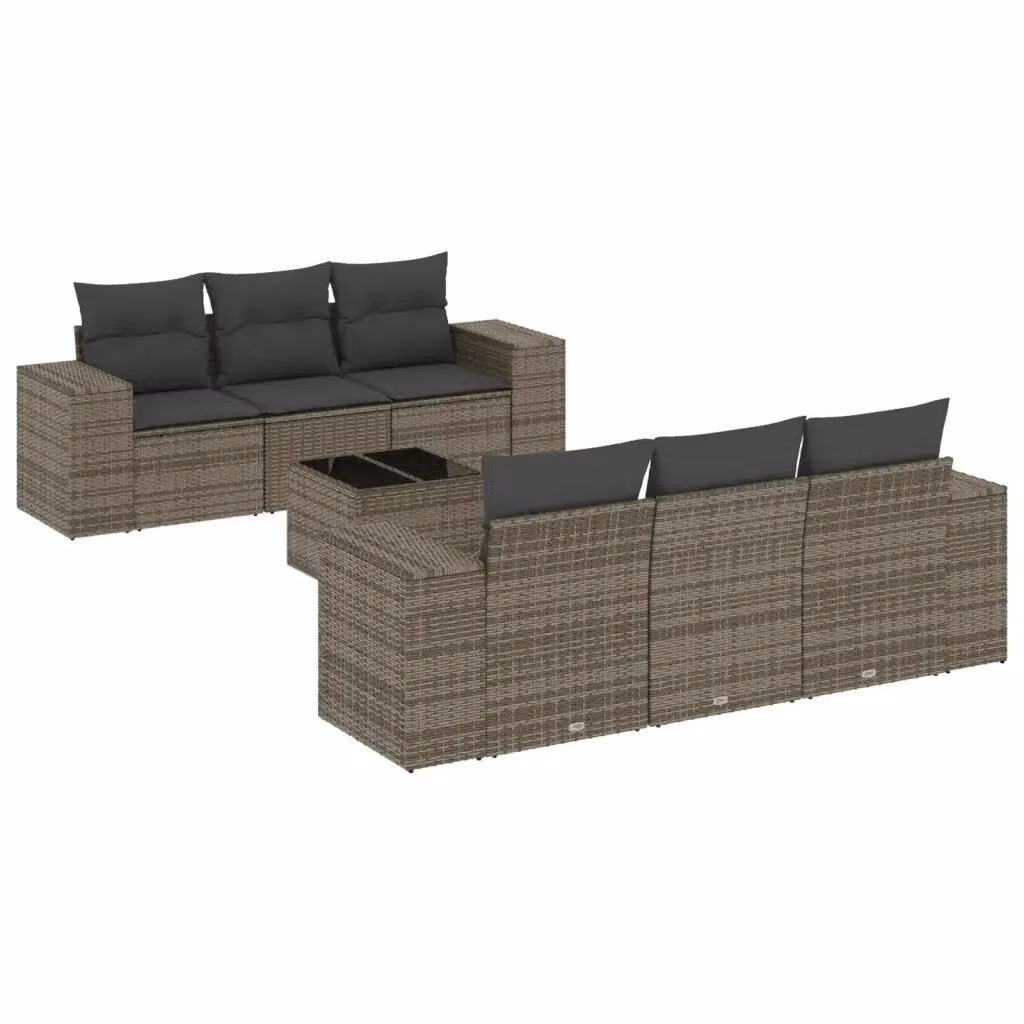 Set di divani da giardino vidaXL in polyrattan grigio con cuscini, tavolino e poltrone per esterno a forma di L – 2