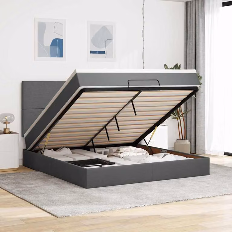 Letto con contenitore a sollevamento vidaXL in tessuto grigio e bianco con materasso, L: 180 cm, P: 200 cm, H: 280 cm