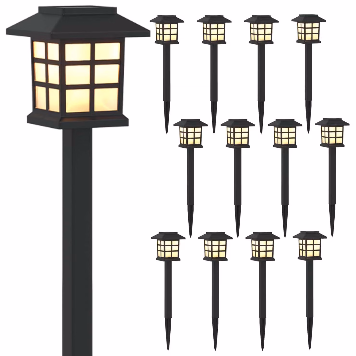 Luci solari da esterno con picchetto a terra, 12 pezzi, luce bianca calda, 38,5 cm, materiale: PP