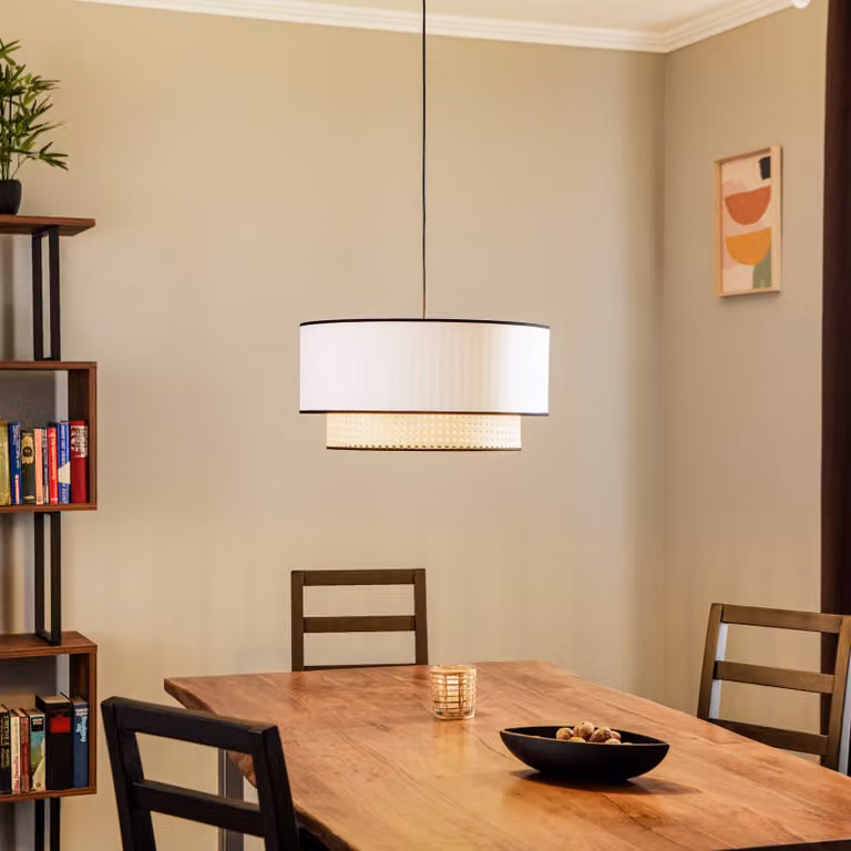 Lampada a sospensione Boho Duolla, dimmerabile, Bianco / Opale, Soggiorno / Sala da pranzo, Tessuto / Stoffa / Seta, Campagna / Rustiche, Lampada a sospensione