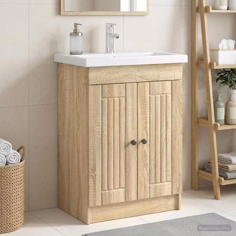 Mobiletto da bagno sotto il lavello vidaXL moderno in Rovere Sonoma marrone con ripiani interni L: 81,0 cm, P: 37,5 cm, H: 78,5 cm