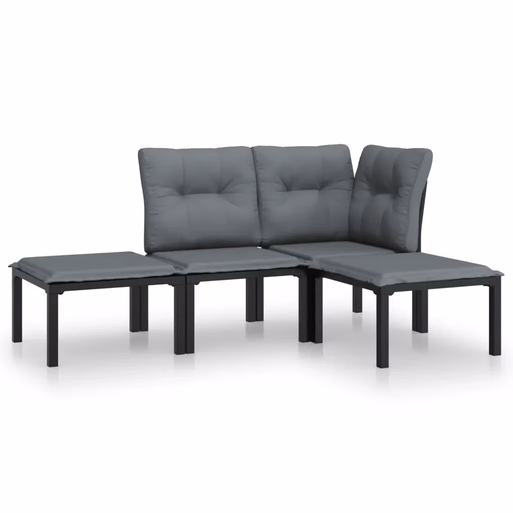 Set Salotto da Giardino a L vidaXL in Polyrattan Nero e Grigio con Cuscini e Ottoman